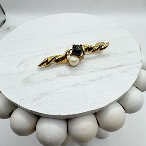 Vintage 1928 Jewelry Co Bar Brooch Pin w/White & Black Pearls & Rhinestones